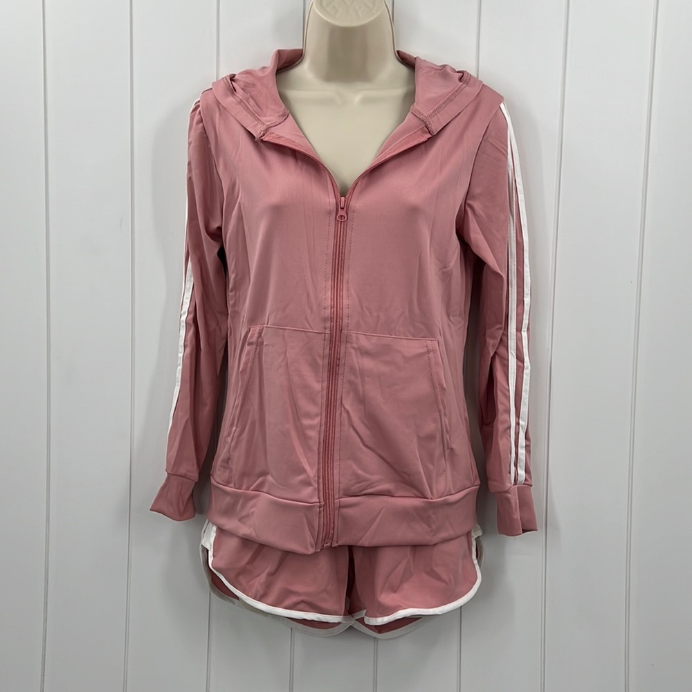 πLydaa Athletic Jacket & Short Set Pink & White W/Pockets & Stripes S,M,L & XL - Picture 1 of 10